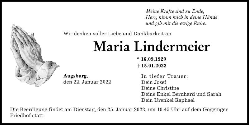 Traueranzeige von Maria Lindermeier von Augsburger Allgemeine