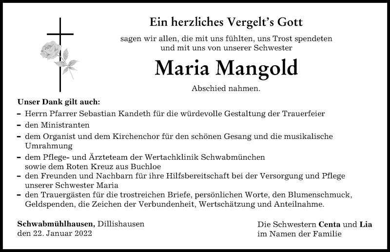 Traueranzeige von Maria Mangold von Augsburger Allgemeine, Schwabmünchner Allgemeine