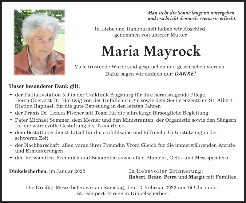 Traueranzeige von Maria Mayrock von Augsburg-Land