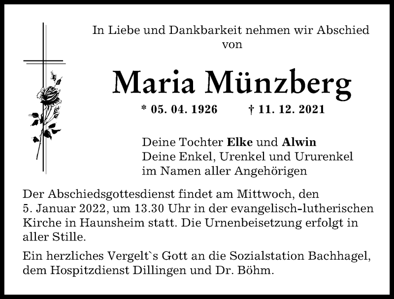 Traueranzeige von Maria Münzberg von Donau Zeitung