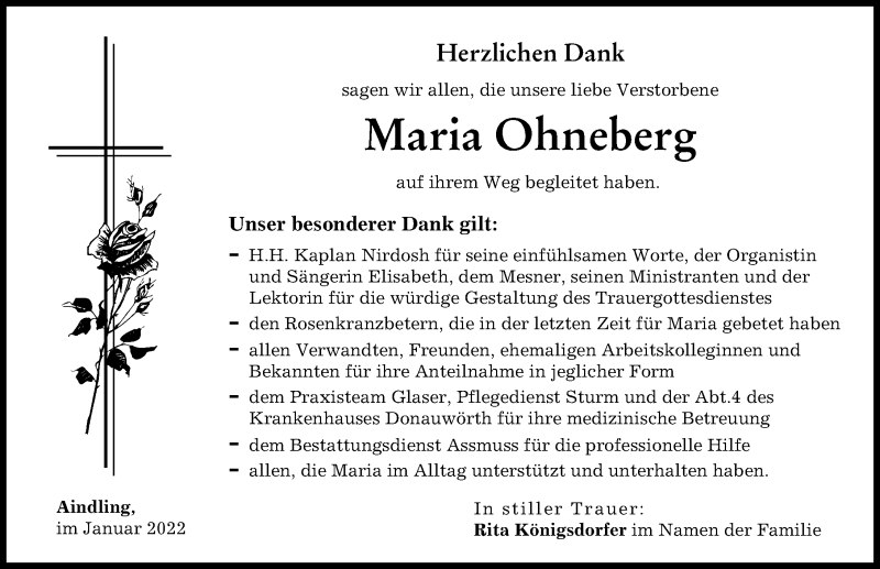 Traueranzeige von Maria Ohneberg von Aichacher Nachrichten