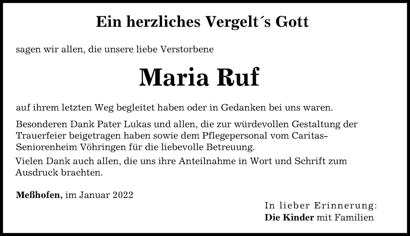 Traueranzeige von Maria Ruf von Neu-Ulmer Zeitung