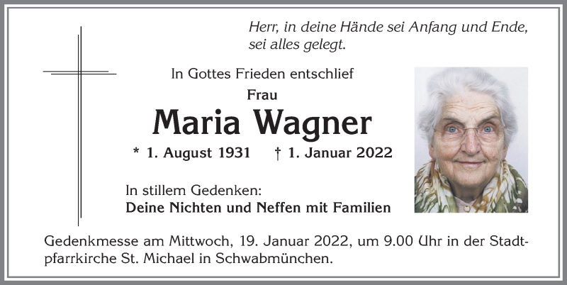 Traueranzeige von Maria Wagner von Schwabmünchner Allgemeine