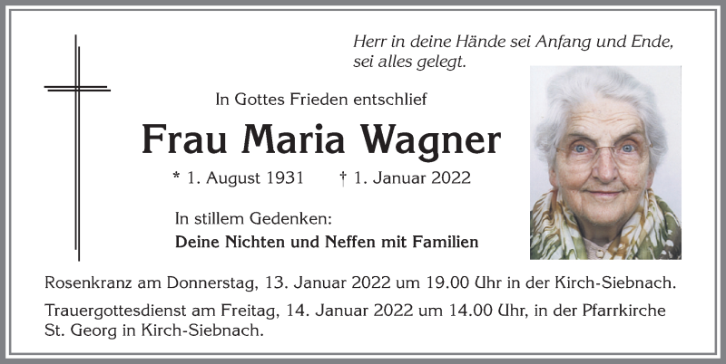 Traueranzeige von Maria Wagner von Mindelheimer Zeitung