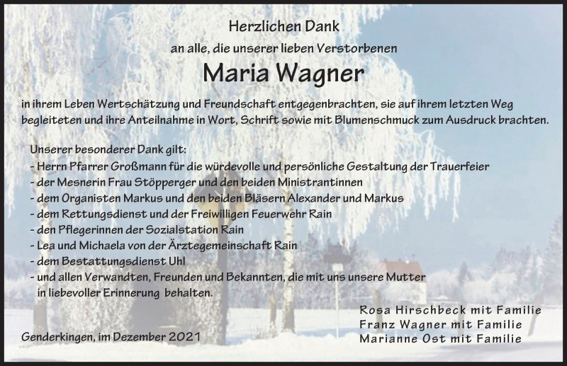 Traueranzeige von Maria Wagner von Donauwörther Zeitung