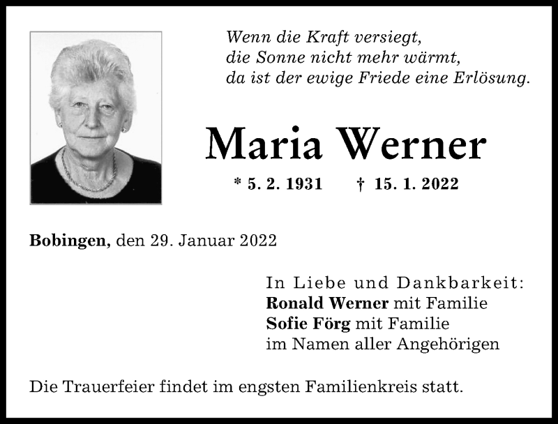 Traueranzeigen von Maria Werner | Augsburger Allgemeine Zeitung