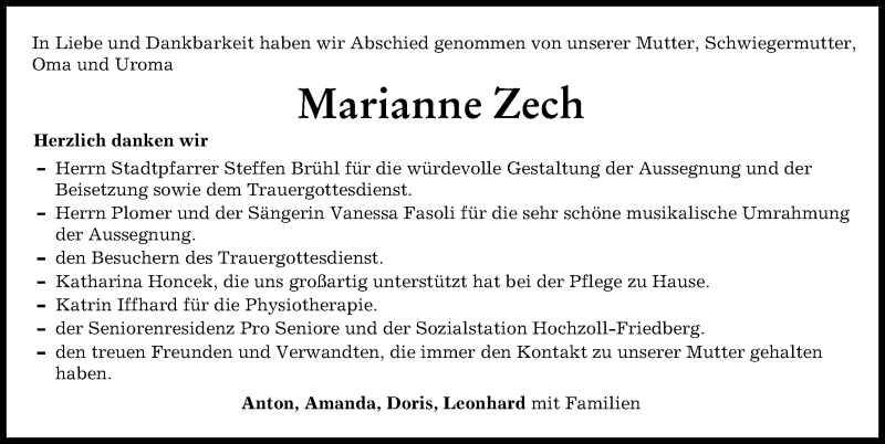 Traueranzeige von Marianne Zech von Friedberger Allgemeine