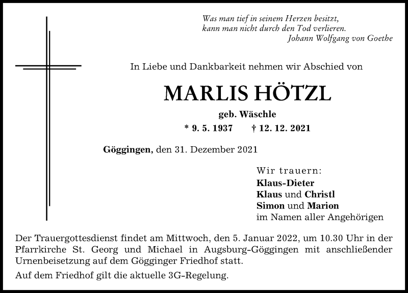 Traueranzeige von Marlis Hötzl von Augsburger Allgemeine