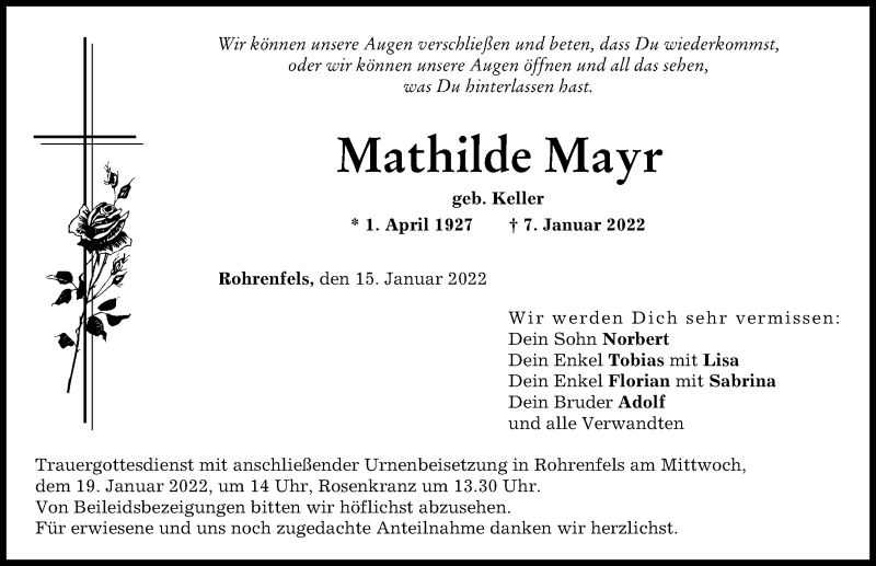 Traueranzeige von Mathilde Mayr von Neuburger Rundschau