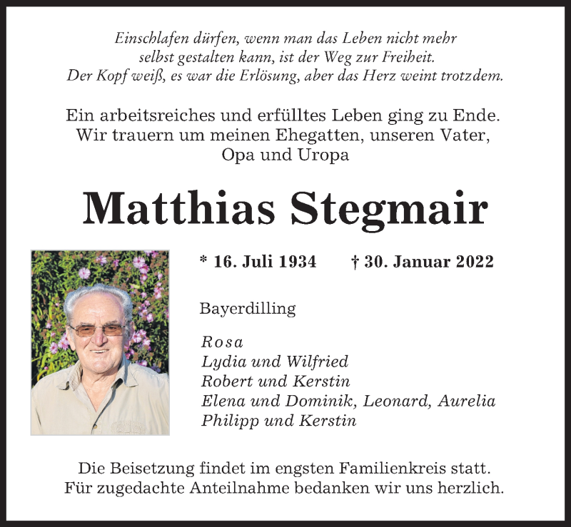 Traueranzeige von Matthias Stegmair von Donauwörther Zeitung