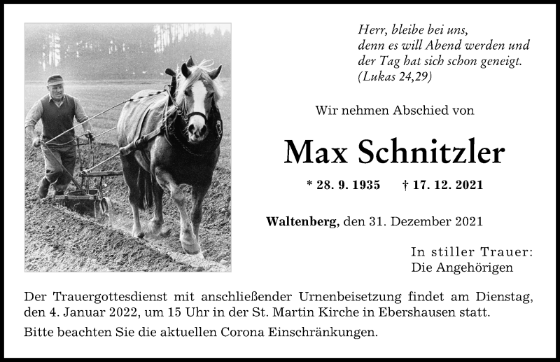 Traueranzeige von Max Schnitzler von Mittelschwäbische Nachrichten