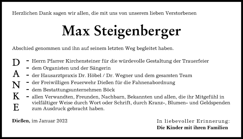 Traueranzeige von Max Steigenberger von Ammersee Kurier