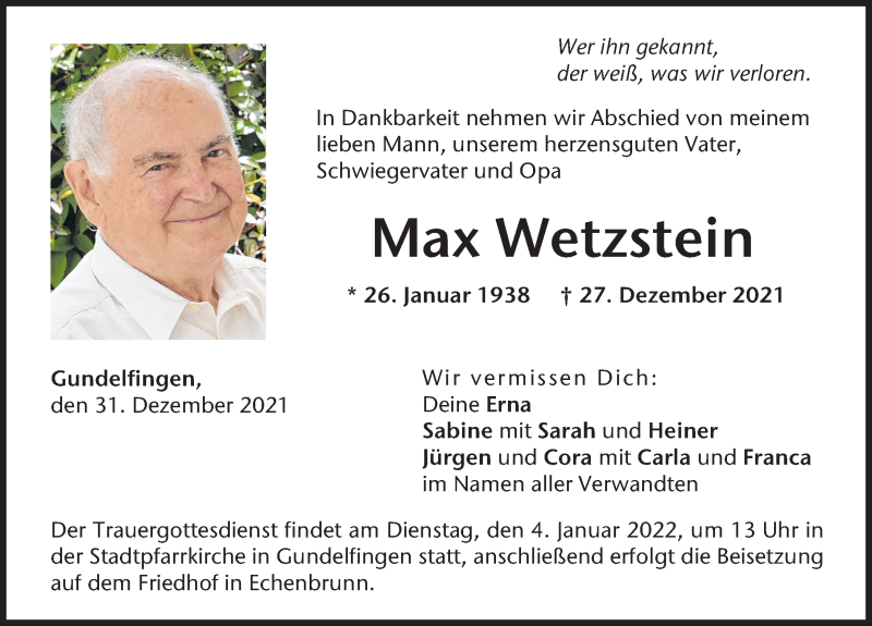 Traueranzeige von Max Wetzstein von Donau Zeitung