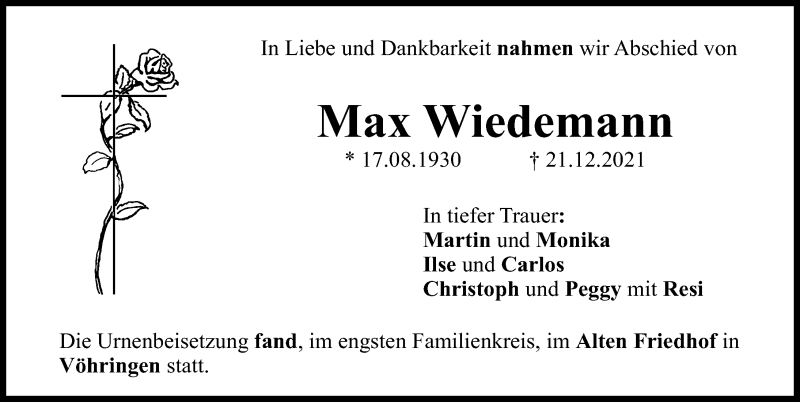 Traueranzeige von Max Wiedemann von Illertisser Zeitung