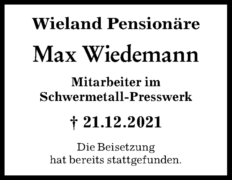 Traueranzeige von Max Wiedemann von Illertisser Zeitung, Neu-Ulmer Zeitung