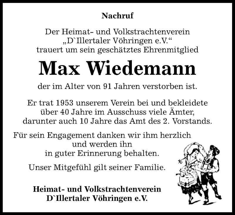 Traueranzeige von Max Wiedemann von Illertisser Zeitung