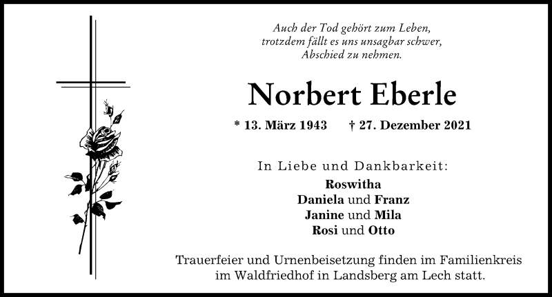 Traueranzeige von Norbert Eberle von Landsberger Tagblatt