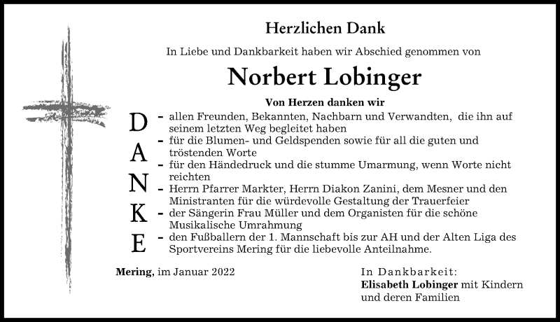 Traueranzeige von Norbert Lobinger von Friedberger Allgemeine