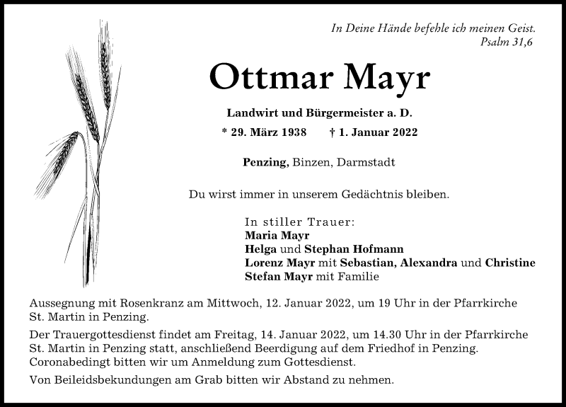 Traueranzeige von Ottmar Mayr von Landsberger Tagblatt