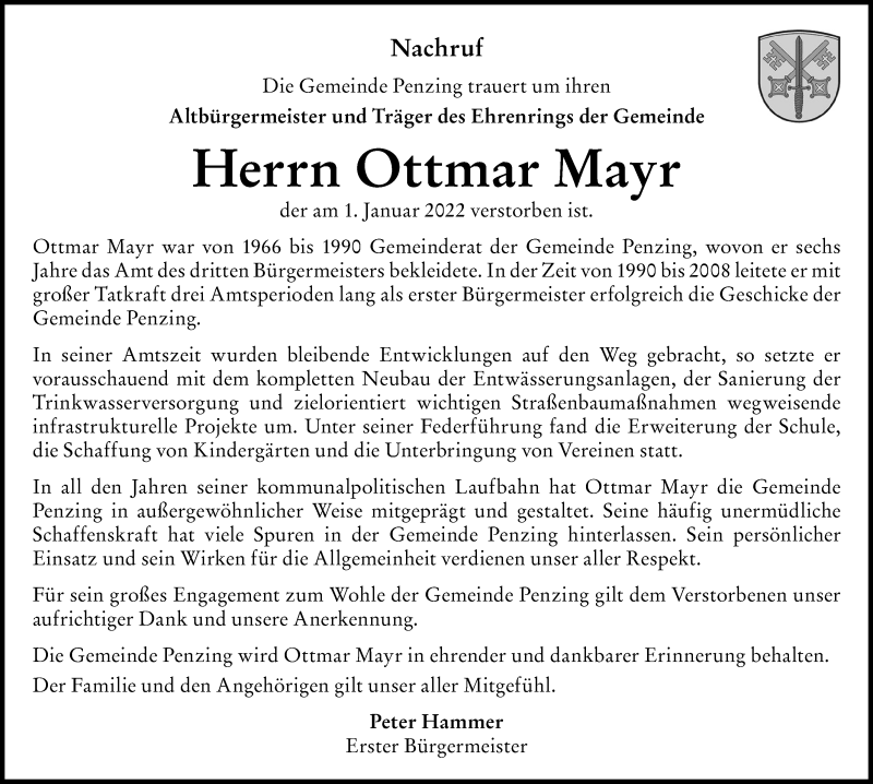 Traueranzeige von Ottmar Mayr von Landsberger Tagblatt