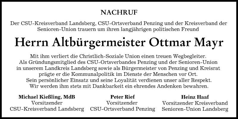 Traueranzeige von Ottmar Mayr von Landsberger Tagblatt