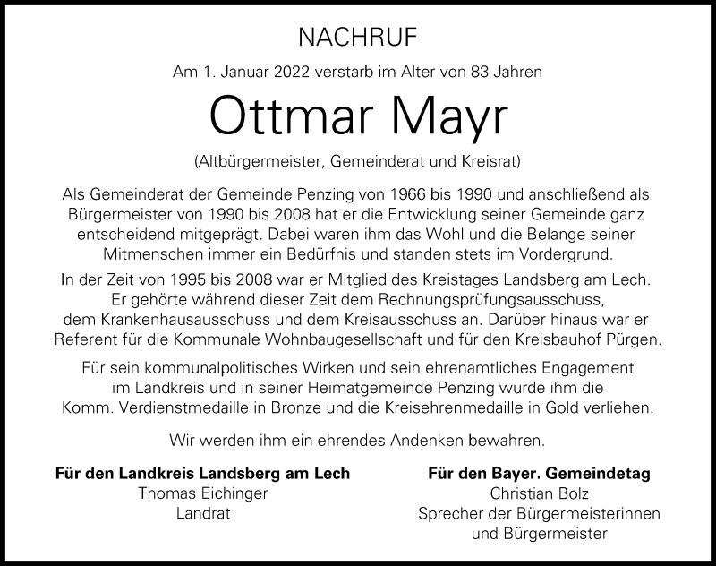 Traueranzeige von Ottmar Mayr von Landsberger Tagblatt