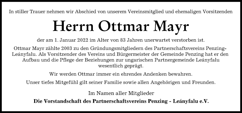 Traueranzeige von Ottmar Mayr von Landsberger Tagblatt