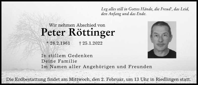  Traueranzeige für Peter Röttinger vom 29.01.2022 aus Donauwörther Zeitung