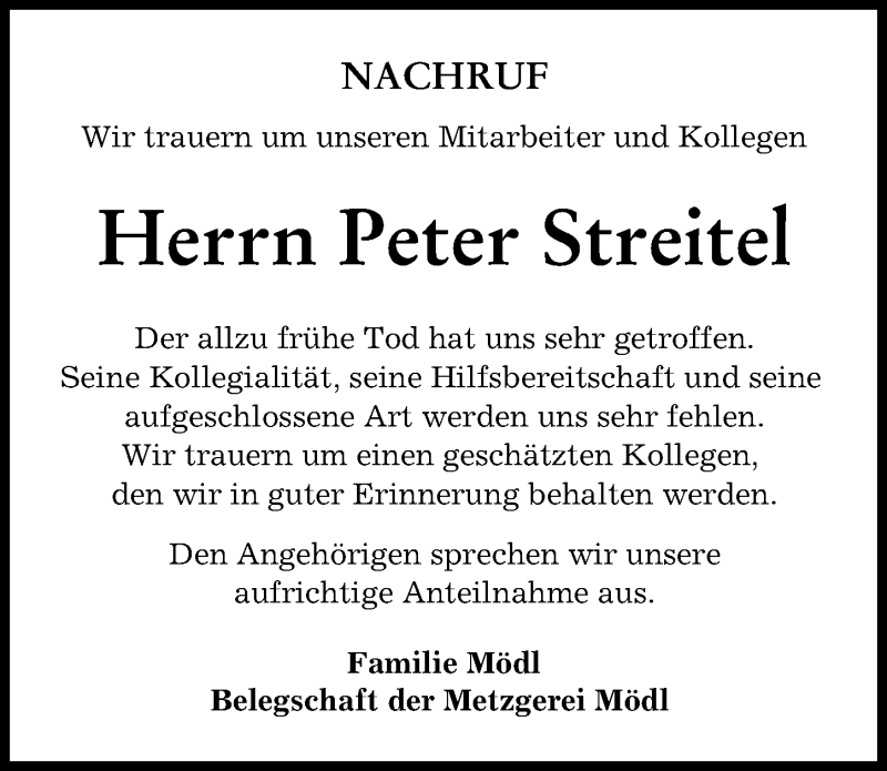 Traueranzeige von Peter Streitel von Schwabmünchner Allgemeine