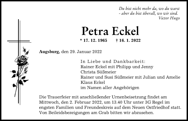 Traueranzeige von Petra Eckel von Augsburger Allgemeine