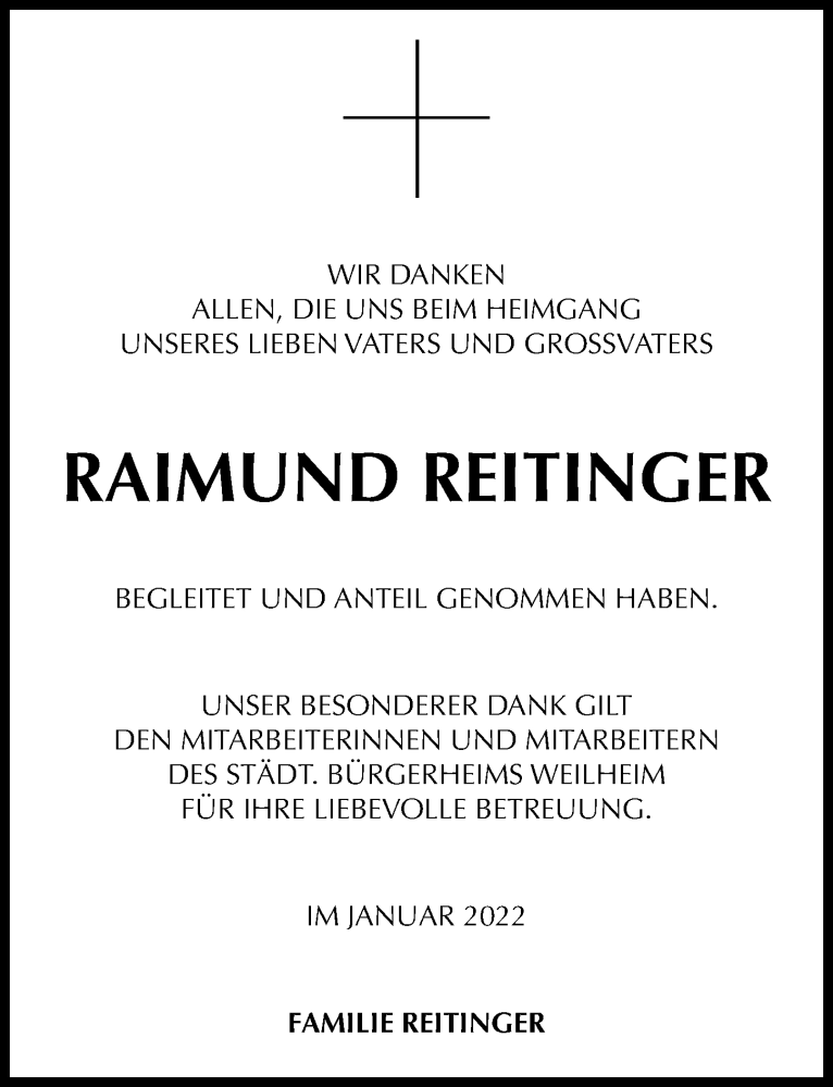 Traueranzeige von Raimund Reitinger von Ammersee Kurier