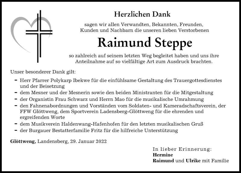 Traueranzeige von Raimund Steppe von Günzburger Zeitung