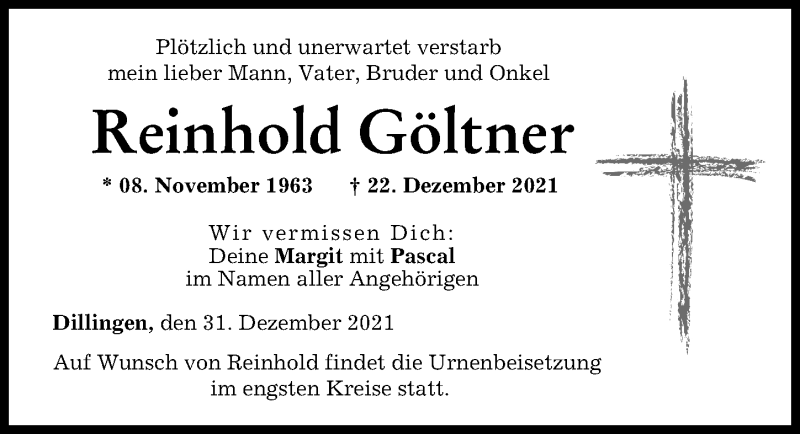 Traueranzeige von Reinhold Göltner von Donau Zeitung