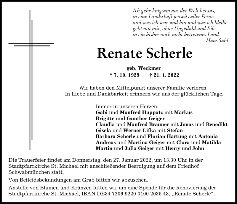 Traueranzeige von Renate Scherle von Schwabmünchner Allgemeine