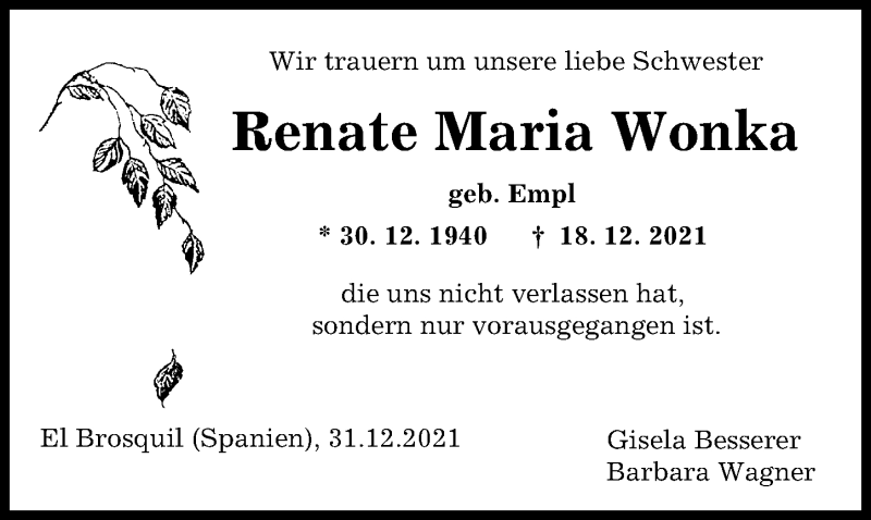 Traueranzeige von Renate Maria Wonka von Augsburger Allgemeine