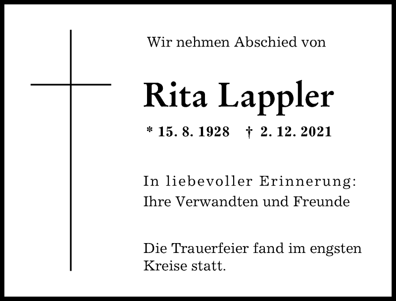 Traueranzeige von Rita Lappler von Augsburger Allgemeine