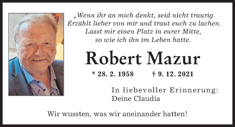 Traueranzeige von Robert Mazur von Augsburger Allgemeine