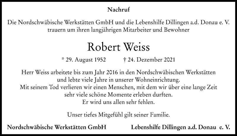 Traueranzeige von Robert Weiss von Donau Zeitung