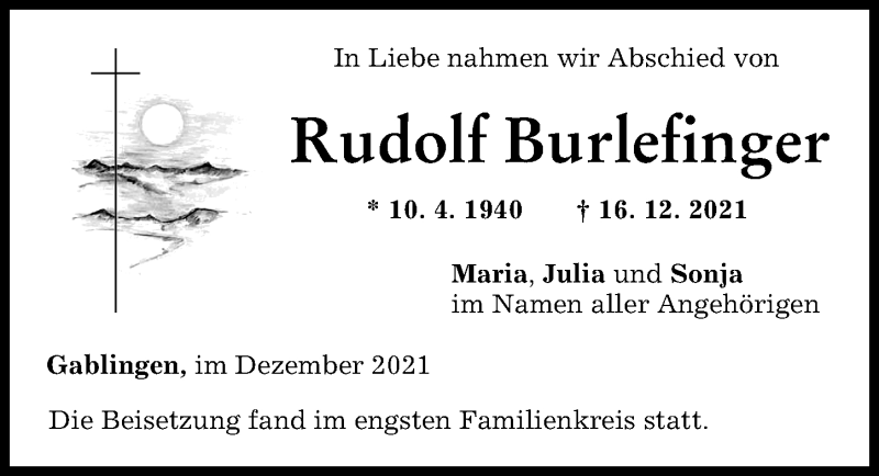 Traueranzeige von Rudolf Burlefinger von Augsburg-Land