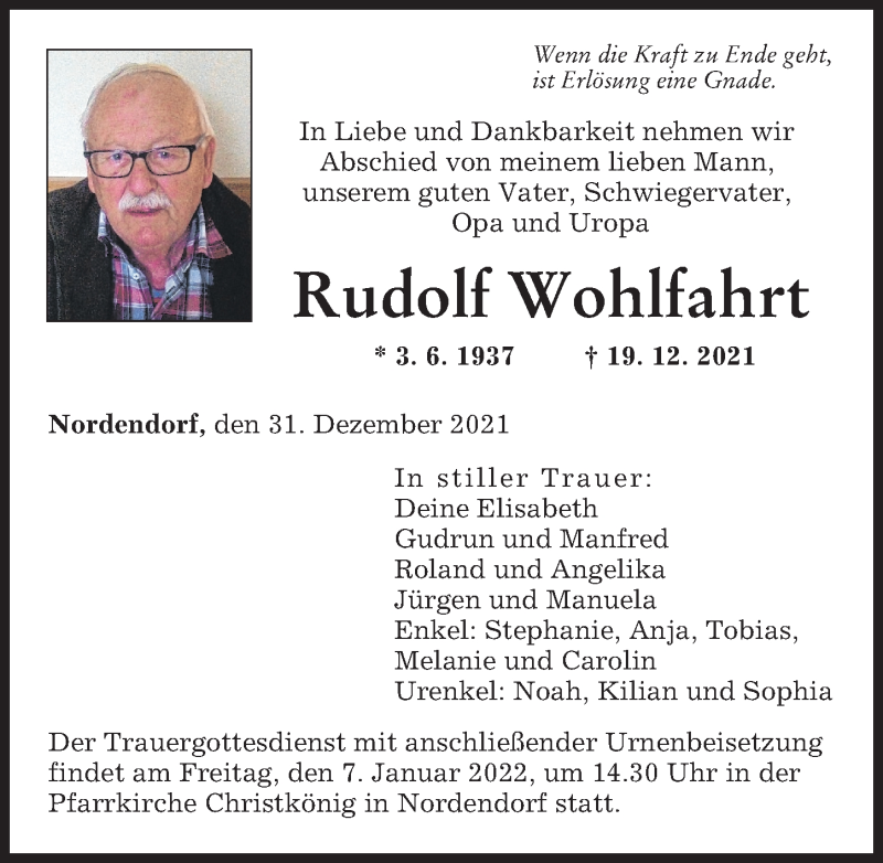 Traueranzeige von Rudolf Wohlfahrt von Augsburger Allgemeine