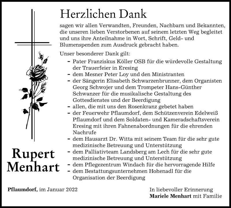 Traueranzeige von Rupert Menhart von Landsberger Tagblatt