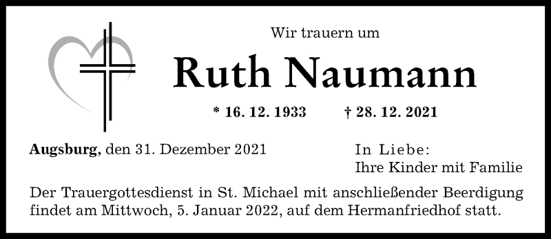 Traueranzeige von Ruth Naumann von Augsburger Allgemeine