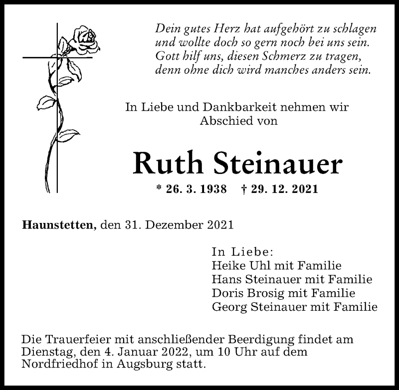 Traueranzeige von Ruth Steinauer von Augsburger Allgemeine