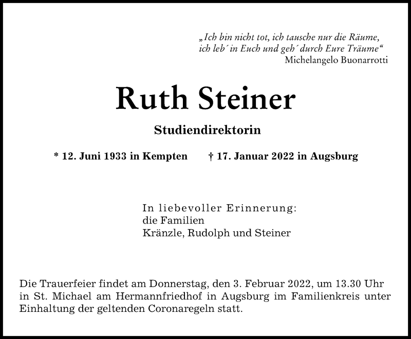 Traueranzeige von Ruth Steiner von Augsburger Allgemeine