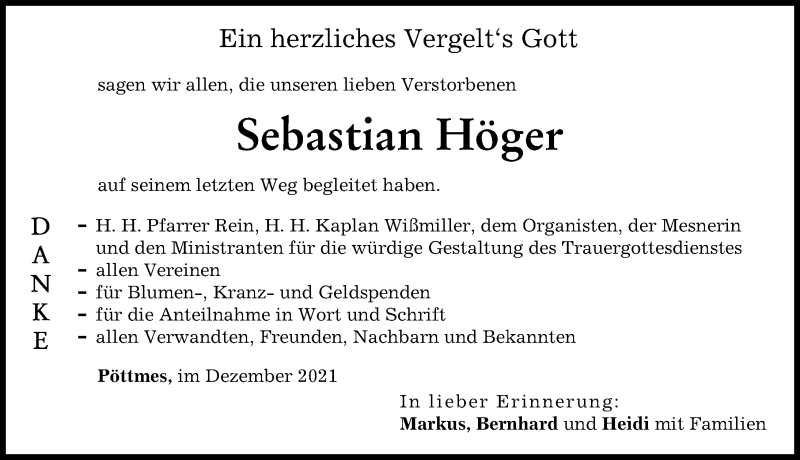 Traueranzeige von Sebastian Höger von Aichacher Nachrichten