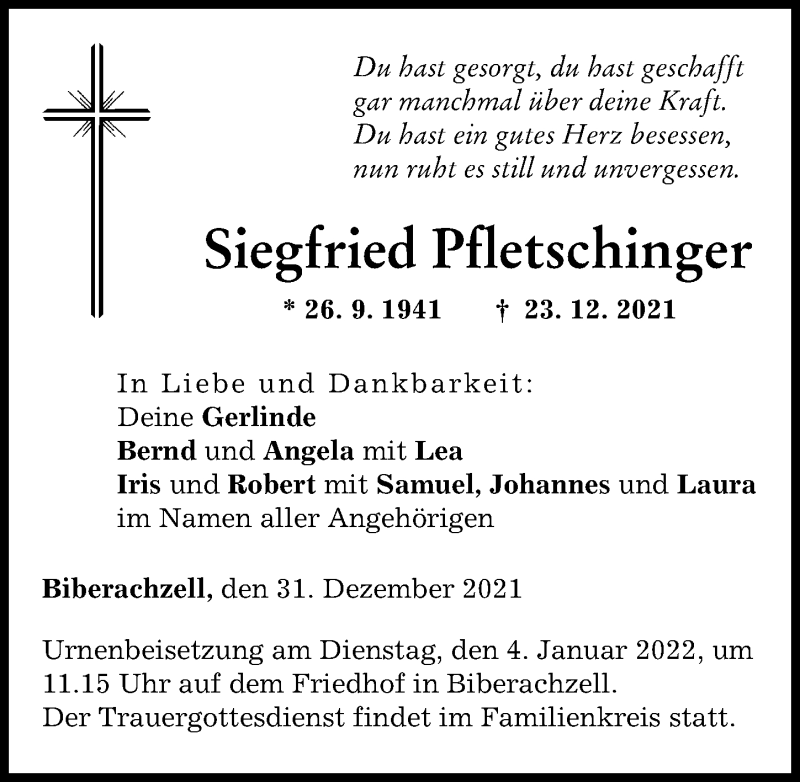 Traueranzeige von Siegfried Pfletschinger von Neu-Ulmer Zeitung