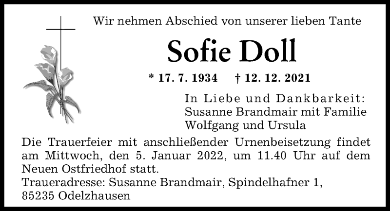 Traueranzeige von Sofie Doll von Augsburger Allgemeine