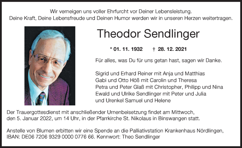 Traueranzeige von Theodor Sendlinger von Wertinger Zeitung, Donau Zeitung