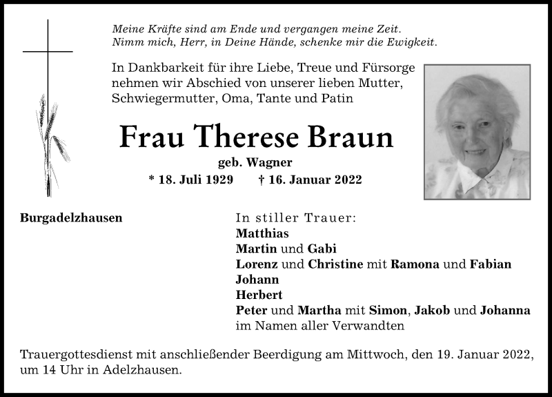 Traueranzeigen Von Therese Braun Augsburger Allgemeine Zeitung