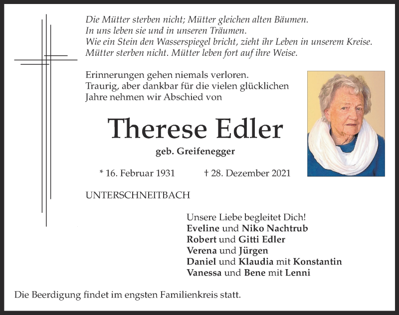 Traueranzeige von Therese Edler von Aichacher Nachrichten